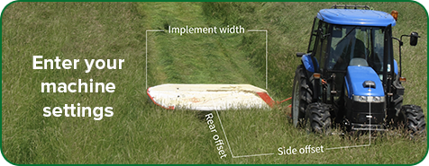 A tractor mowing with information on how use the onTrak app features to set the implement width and offset