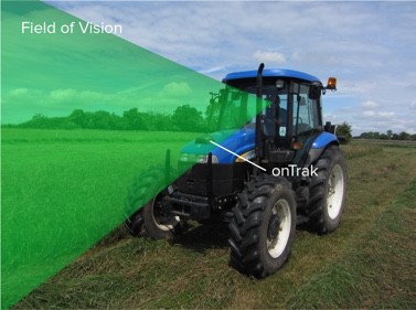Diagram showing innovative advantages of onTrak by onTrak being placed on the bonnet or hood of the tractor instead of on the roof you have a better field of view