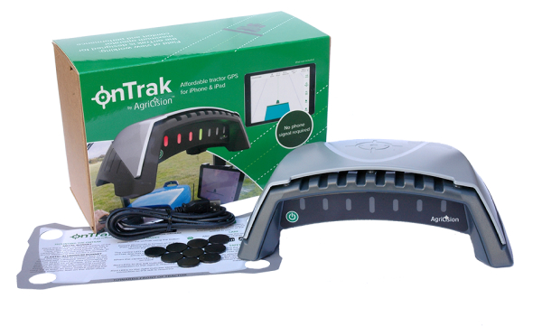 ontrak tractor GPS system with its box. There is the unit, a cable, 8 sticky pads and a quick-start guide