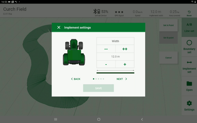 Screenshot of the onTrak app features of adjusting your implement settings