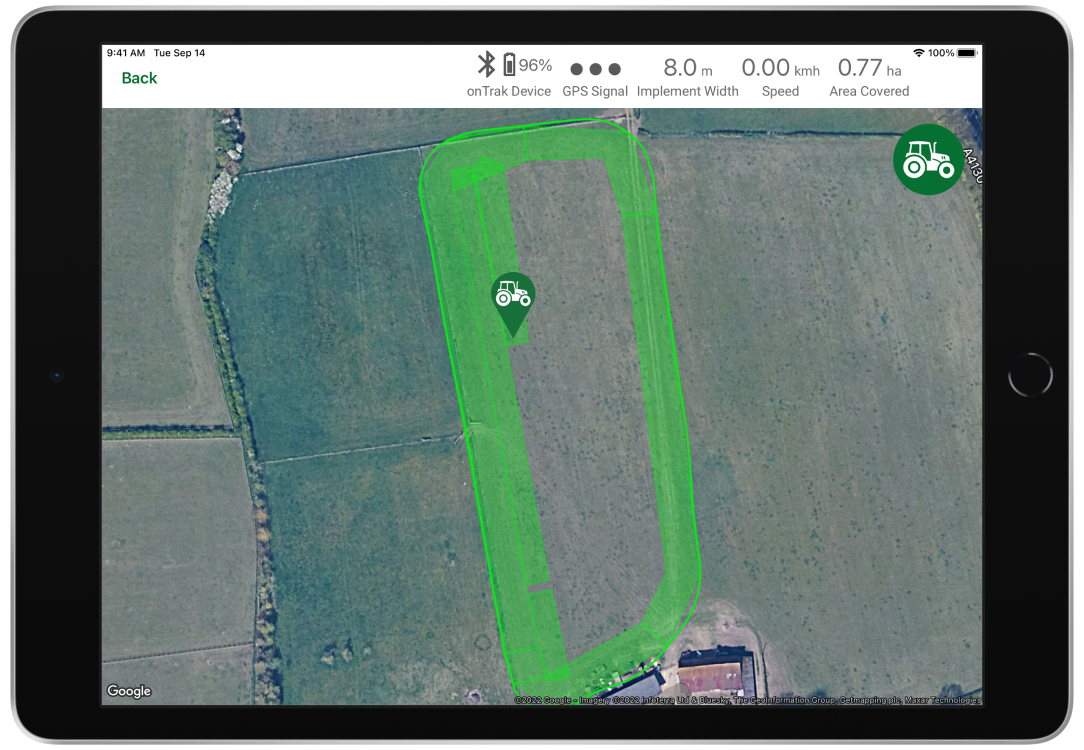 Screenshot of the onTrak app features on iPad showing coverage on a satellite view overlay